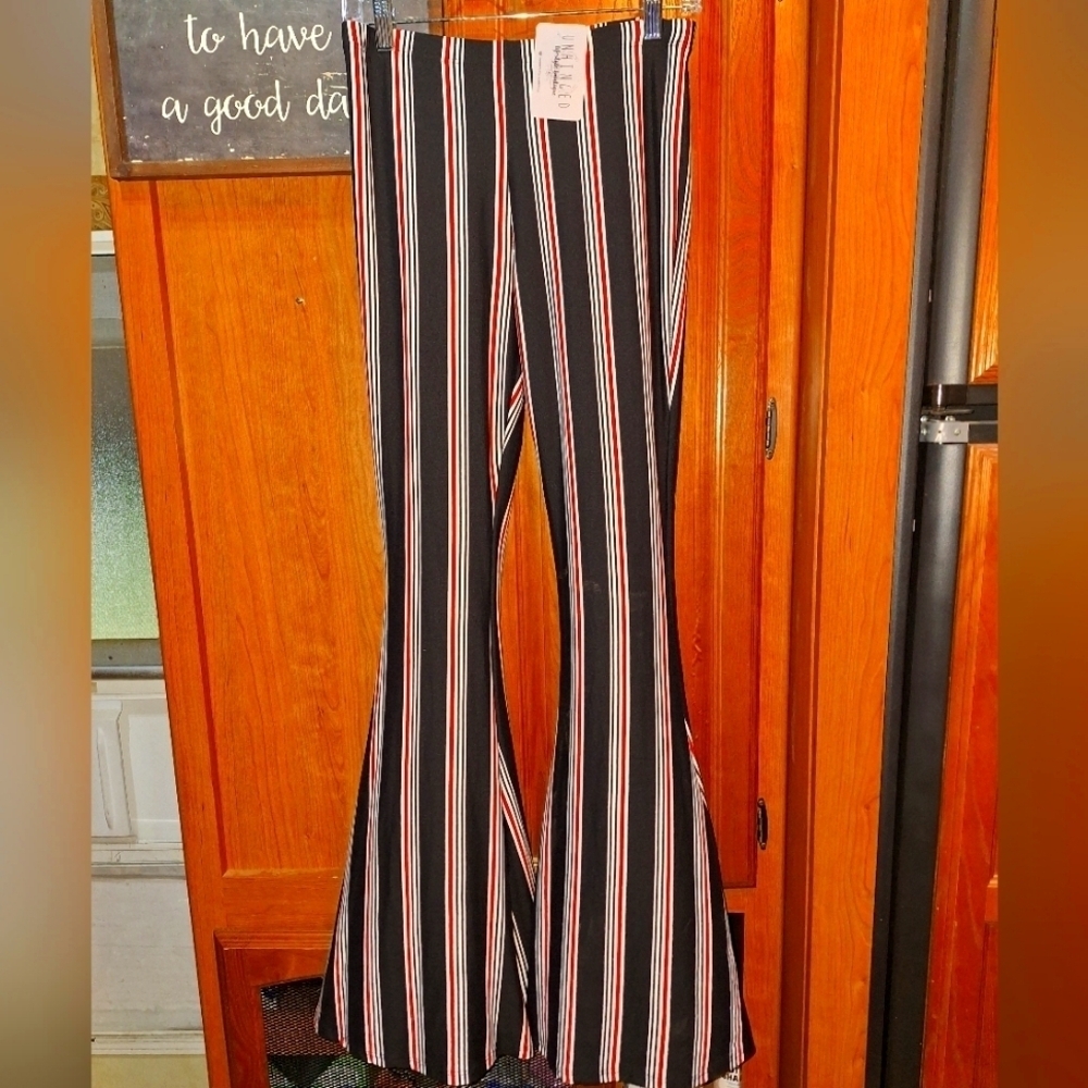 Unhinged Striped Flare Retro Hippie Pants in Black and Red In A Size 28" Waist